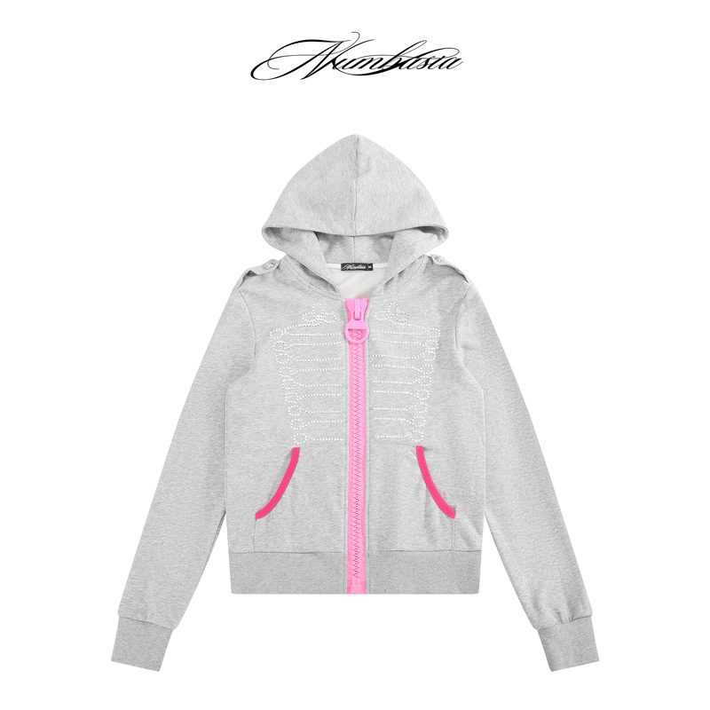 Numbasia Palace-Style Hot-Stamped Pink Plastic Large Zipper Light Street-Style Zipper Hoodie
