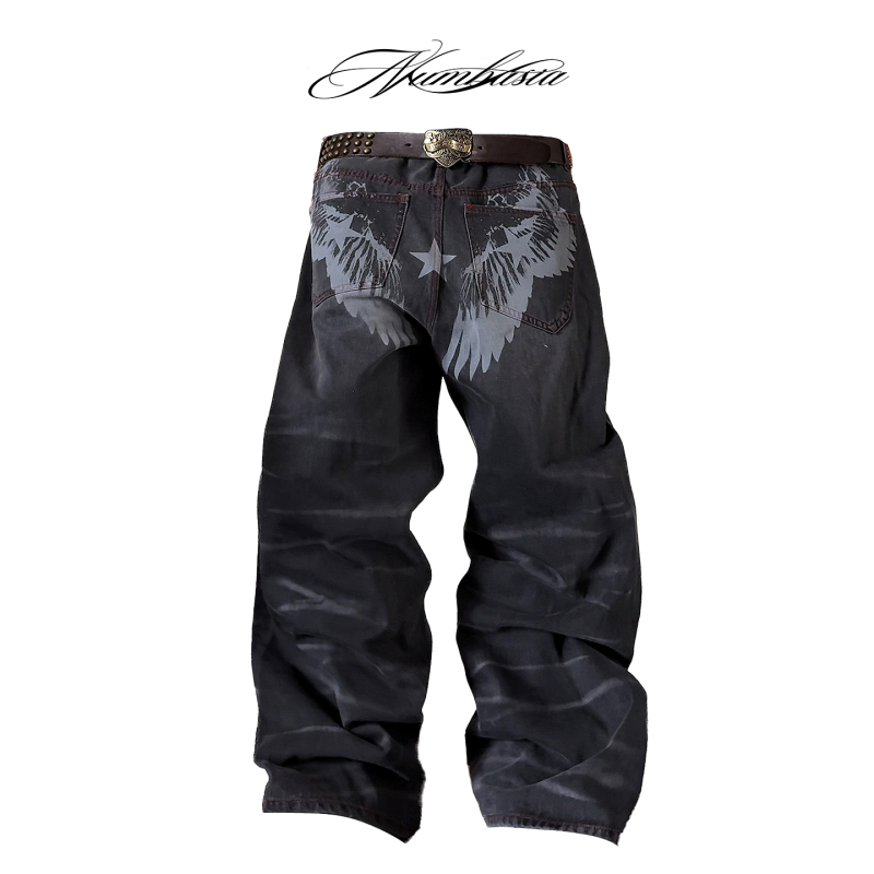Numbasia Wing Star Print Water Ripple Black and Gray Washed Red Line Baggy Light Asian Street Style Jeans Numbasia Wing Star Print Water Ripple Black and Gray Washed Red Line Baggy Light Asian Street Style Jeans