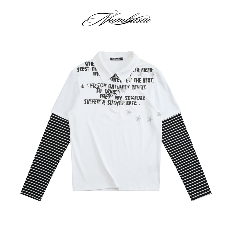 Numbasia Two-Piece Faux Glitter Star Slogan Polo Striped Regular Shoulder Slightly Loose Light Street Style Long Sleeve