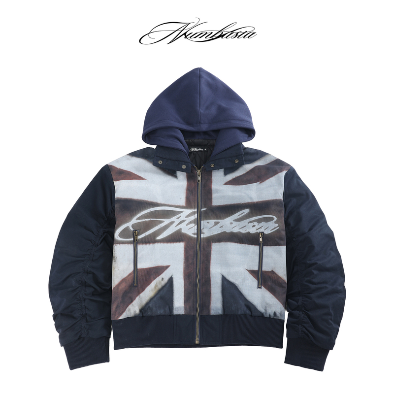 Numbasia_Mi Character Flag Logo Distressed Print Bomber Light Streetwear Cotton Jacket