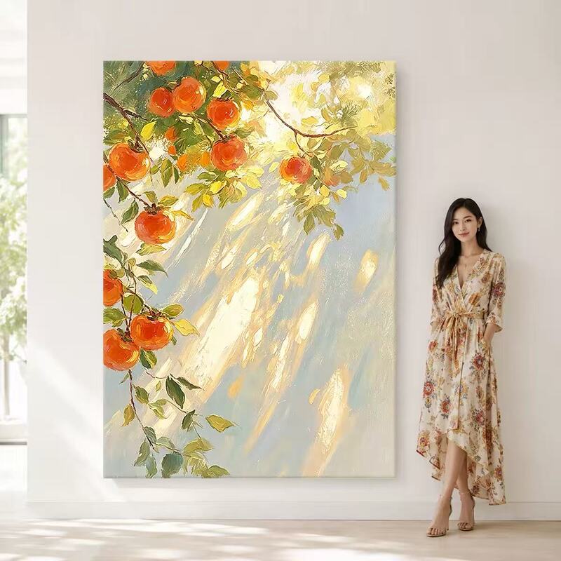 Hand-Painted Oil Painting "Persimmons of Good Fortune" for Living Room Sofa, Entrance Hall, Dining Room Decoration, Niche Art Persimmon Wall Art Hand-Painted Oil Painting "Persimmons of Good Fortune" for Living Room Sofa, Entrance Hall, Dining Room Decoration, Niche Art Persimmon Wall Art