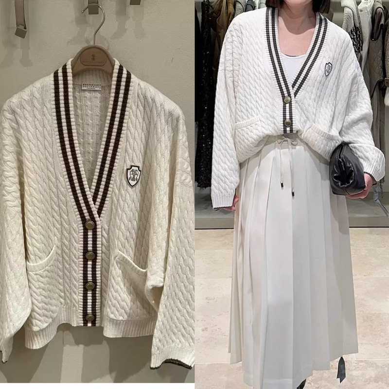 Brunello Cucinelli Fall/Winter 70% off Off-White Cable-Knit Cashmere Cardigan with Brown Striped Edges