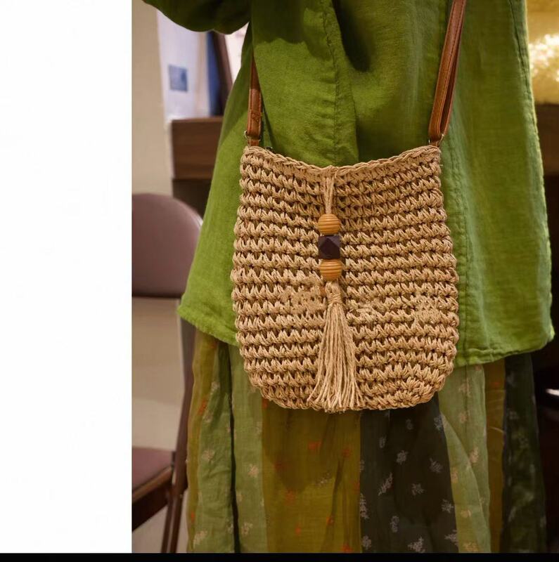 Unique Design~Wooden Bead Tassel Woven Crossbody Bucket Bag 4.24
