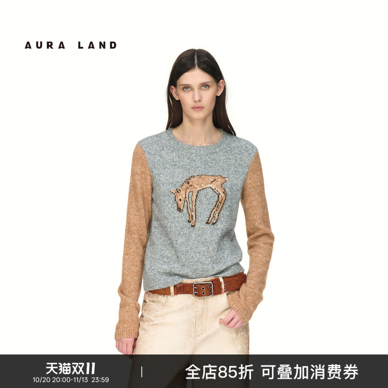 Aura Land Velvet-Like Deer Jacquard Color-Blocked Wool Sweater Round Neck Loose Soft Knit Pullover Top