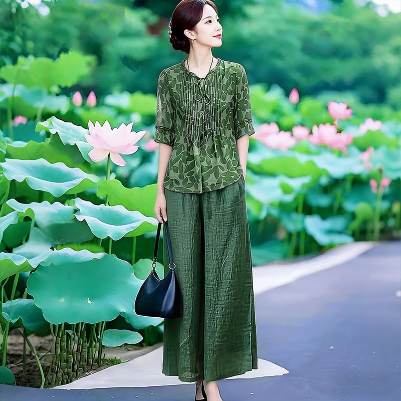 Original Chinese Style Women's Clothing Spring New Collection Artistic Style Light Printed Top Elastic Waist Pants Set