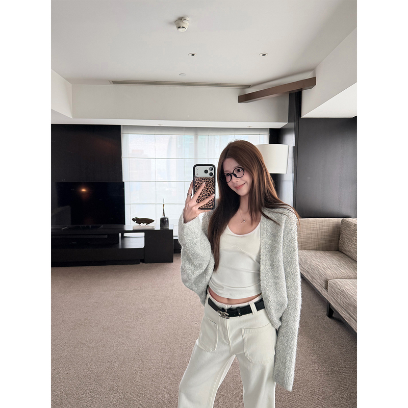 Yangying Yang Ying's'Lazy Style' Gray and White Wool Knit Cardigan Women's Autumn Sweater Coat Top