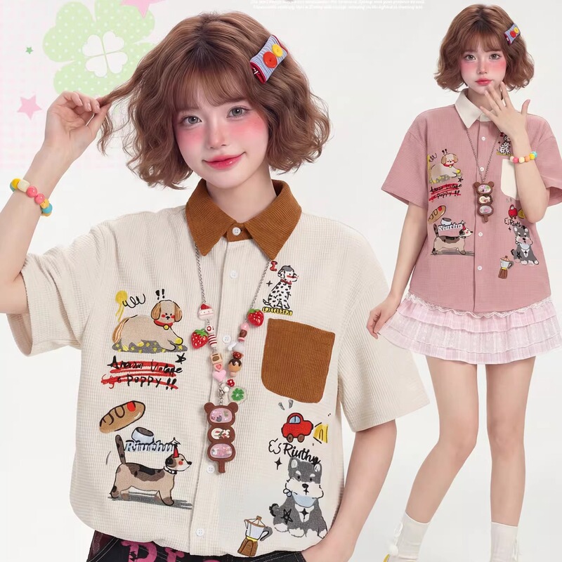 Lacebravo Japanese-Style Cartoon Puppy Embroidered Short-Sleeve Shirt for Women, Loose and Versatile Waffle Cardigan Top