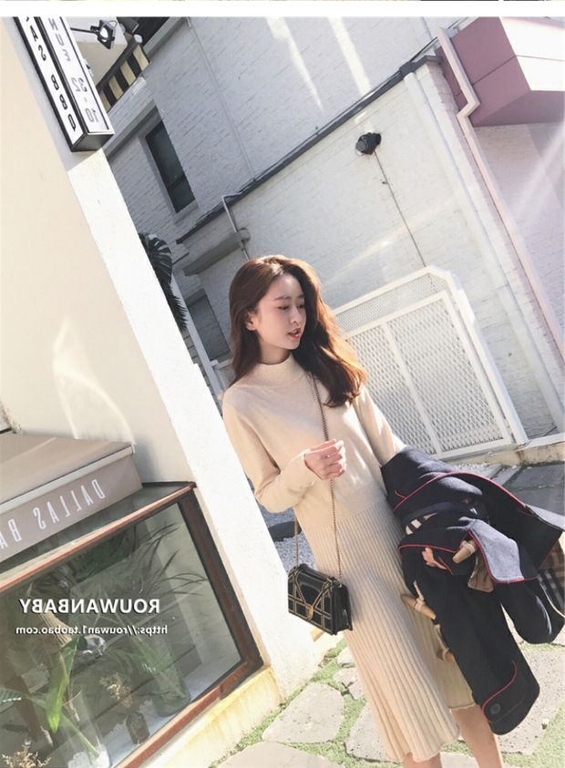 Thu đông 2018 mới thon gọn cổ cao cao dài tay dài tay đan váy xếp li váy xếp li váy eo nhún	