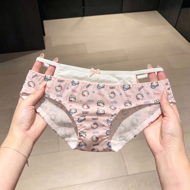 "Yuyudela" Sweet and Spicy Waist-Revealing Panties for Women, Japanese-Style Cute Kt Cat Pure Cotton Antibacterial Briefs