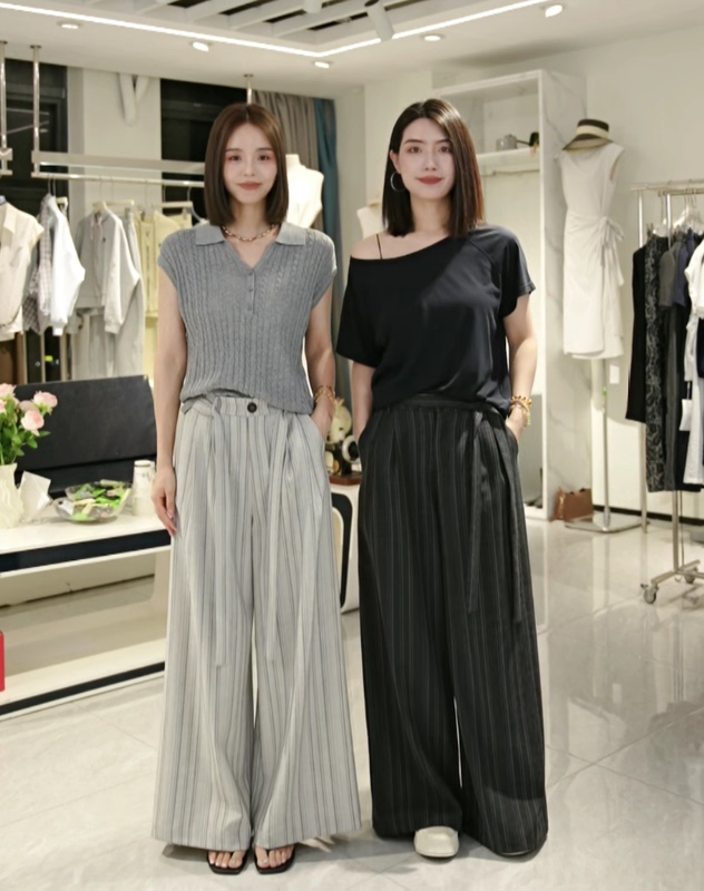 【Source Women's Clothing Special Offer】Summer Cool Striped Elastic Waist Long Pants 626-85350