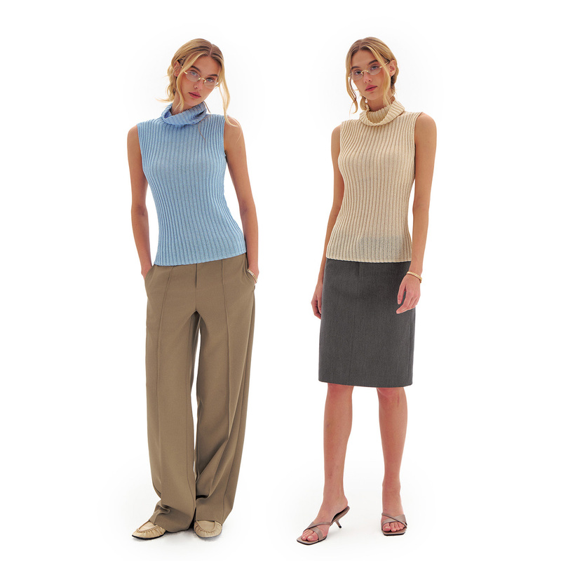 Maio Nue Blue/Beige Turtleneck Sleeveless Knit Vest and Paper Yarn Ribbed Vest Top Slim Fit Short Style