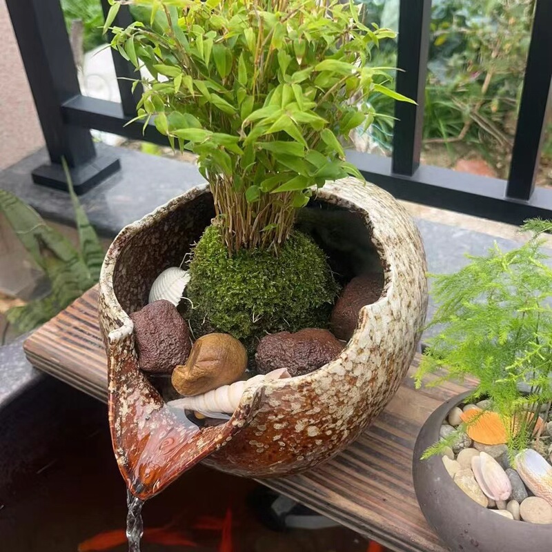 Traditional Fish Tank with Automatic Water Circulation, Landscape Filter, Clay Pot Water Feature, Ceramic Pot Complete Set for Garden Landscaping