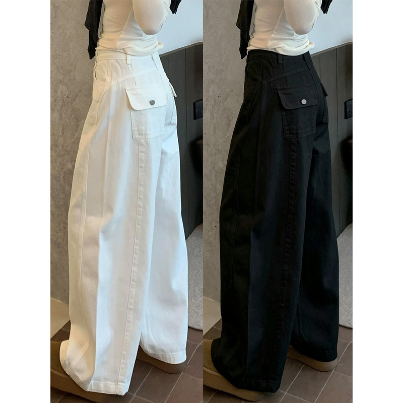 American-Style Wide-Leg Cargo Pants for Women, 2026 Autumn New High-Waisted Slimming Sports Pants with Large Pockets, Curved Jeans