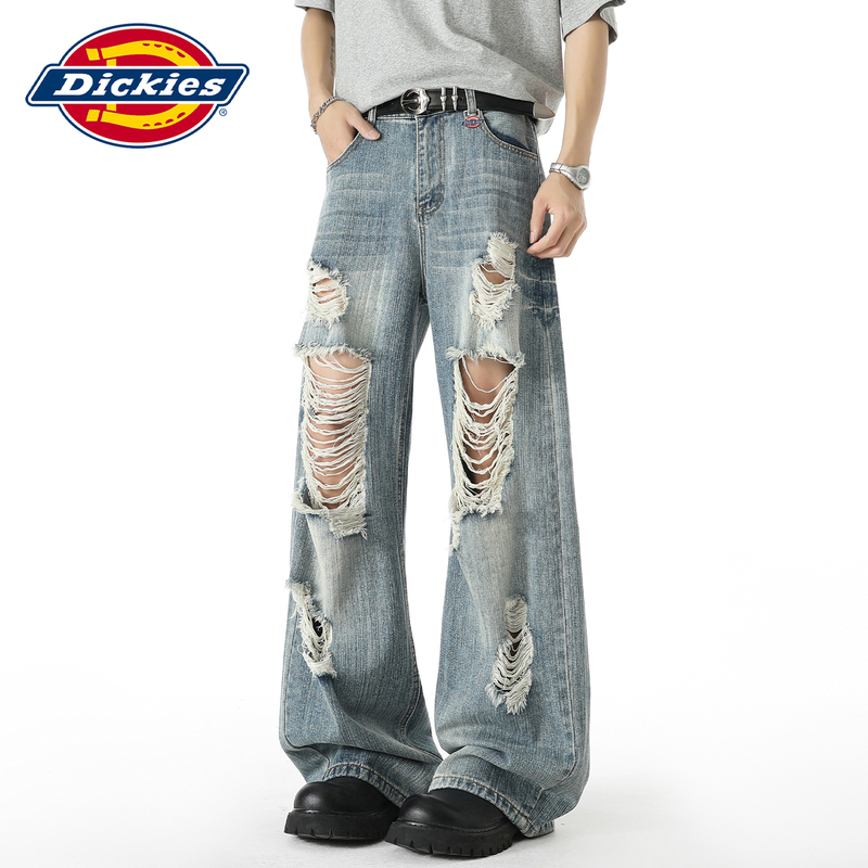 Dickies American High Street Ripped Distressed Jeans for Men, New Summer Straight-Leg Washed Vintage Trendy Brand Long Pants