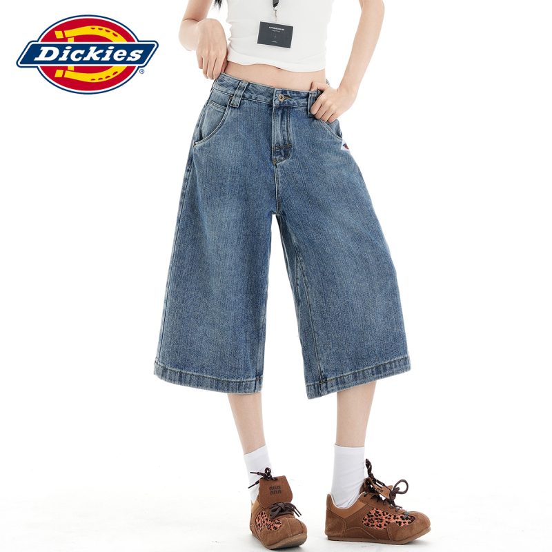 Dickies American Retro Cropped Jeans for Women, New Summer High-Waisted Versatile Slimming Loose Wide-Leg Mid-Length Pants