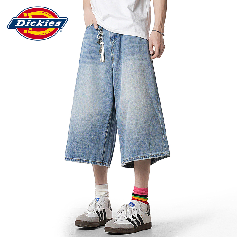Dickies Vintage Washed Cropped Denim Pants for Men, Trendy American Style, Loose Straight Wide-Leg Mid-Length Pants