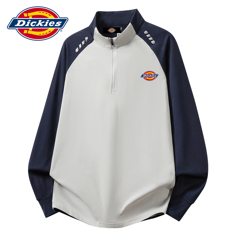 Dickies Sports Style Half-Zip Long-Sleeved T-Shirt for Men, New Autumn Style, Loose Stand-Up Collar, Contrasting Color Patchwork T-Shirt