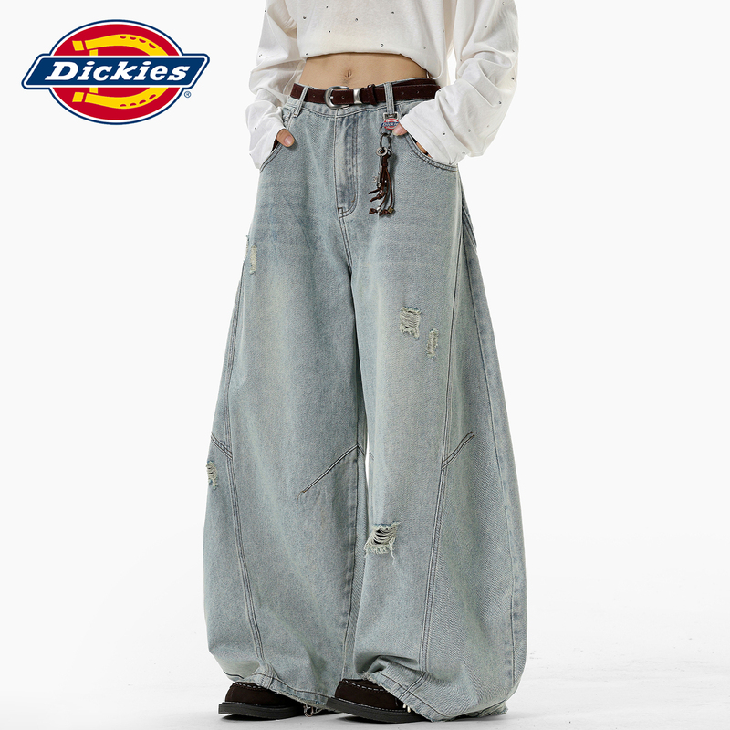 Dickies American-Style Ripped Scimitar Jeans for Men and Women, Trendy Brand, Autumn Design, Washed Straight-Leg Floor-Length Pants
