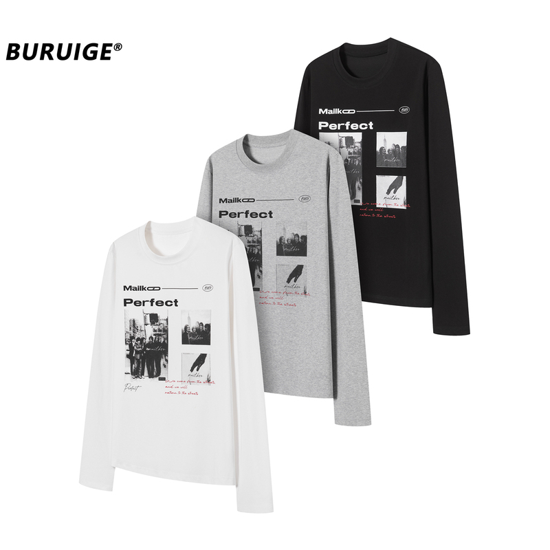 Buruige'Street Old Shadow' American Retro Printed Long-Sleeved T-Shirt for Men, Loose Round-Neck Base Shirt for Autumn