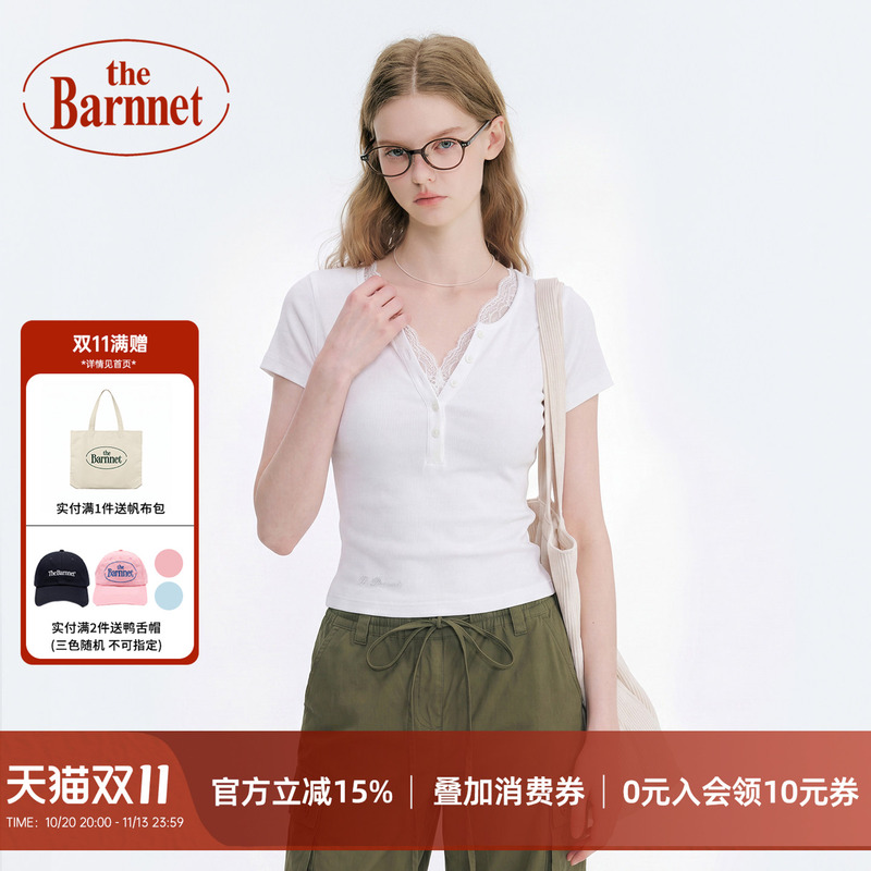 The Barnnet【Official Authentic】White Lace V-Neck T-Shirt for Women, Slim Fit Short Top for Spring and Autumn The Barnnet【Official Authentic】White Lace V-Neck T-Shirt for Women, Slim Fit Short Top for Spring and Autumn
