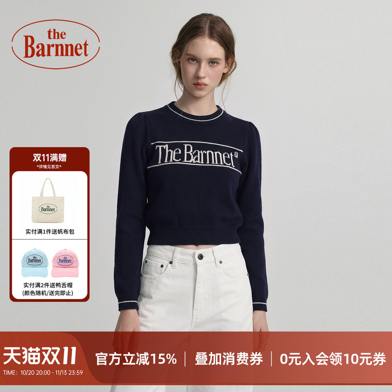 The Barnnet【Official Genuine】Letter Jacquard Short Knit Sweater for Women, Autumn Short Anti-Pilling Sweater The Barnnet【Official Genuine】Letter Jacquard Short Knit Sweater for Women, Autumn Short Anti-Pilling Sweater