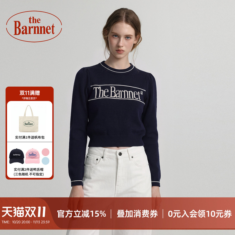 The Barnnet【Official Genuine】Letter Jacquard Short Knit Sweater for Women, Autumn Short Anti-Pilling Sweater