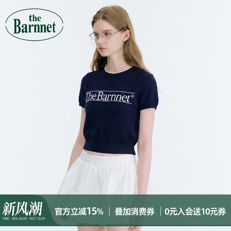 [Official Authentic] Thebarnnet Eight Milk Letter Jacquard Short-Sleeve Knitwear Slim-Fit Short T-Shirt Top
