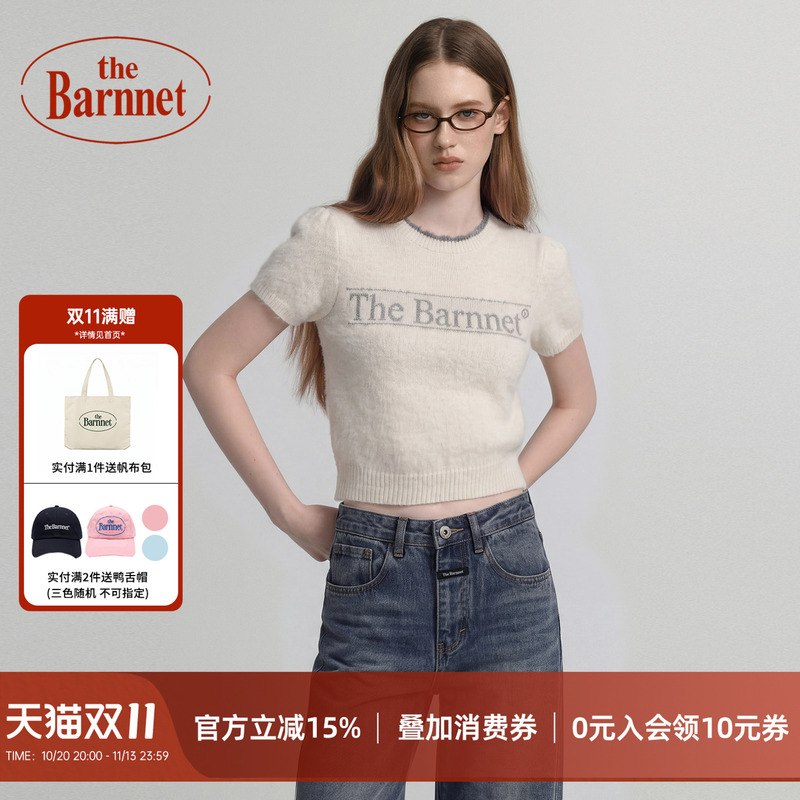 The Barnnet【Official Authentic】Letter Jacquard Plush Short-Sleeve Knitwear Women's Slim-Fit Short Sweater