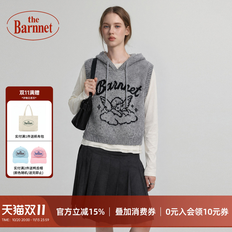 The Barnnet【Official Authentic】Angel Jacquard Hooded Knitted Vest Women's Autumn Short Sleeveless Sweater