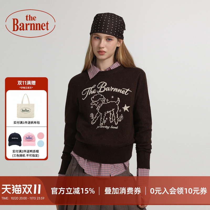 [Official Genuine] Thebarnnet Eight Milk Rhinestone Jacquard Round Neck Sweater for Women Autumn Pullover Knitted Top