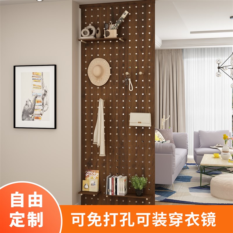Customized hole board solid wood entrance wall storage rack partition wall display storage shelf free of punching with full body