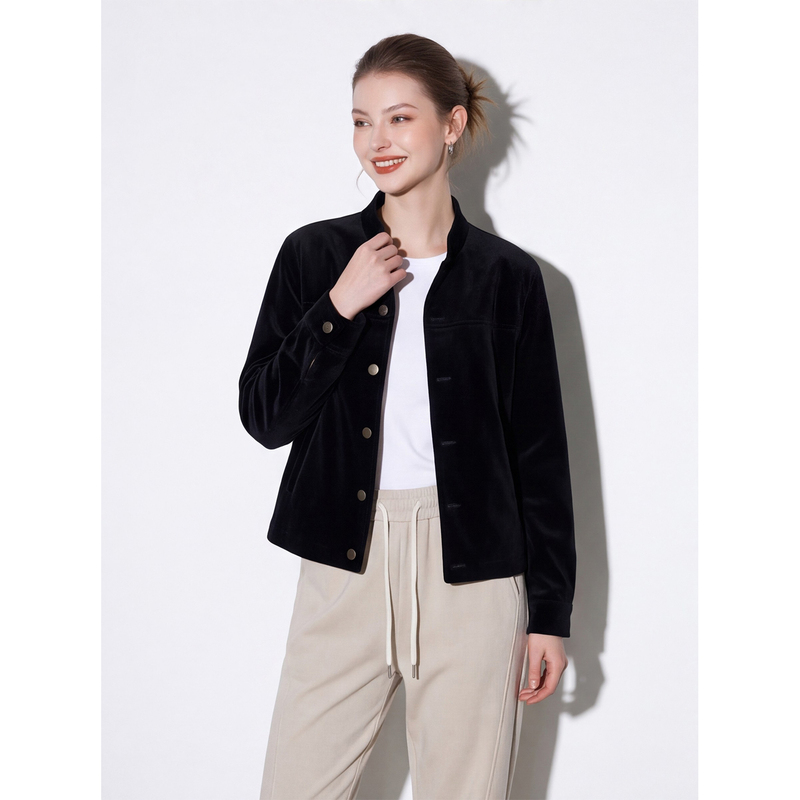 Yanzhen Black Velvet Short Jacket with Stand Collar for Women, Autumn Season, High-End Style, Elegant Commuting Loose Jacket Top for Women