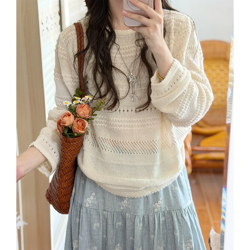 Angel Eun Lazy Style Hollow Knit Sweater for Women, Autumn and Winter Loose Round Neck Pullover Slimming Top Angel Eun Lazy Style Hollow Knit Sweater for Women, Autumn and Winter Loose Round Neck Pullover Slimming Top