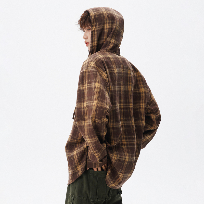 Hufflepuff Hooded Plaid Shirt for Men, Spring and Autumn 2026 New American Retro Long-Sleeve Men's Jacket