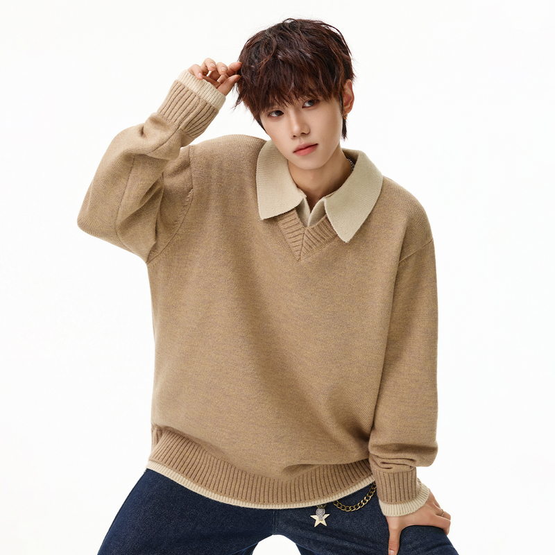 Old Money Style Fake Two-Piece V-Neck Polo Collar Sweater for Men, Autumn and Winter 2026 New Model, Lazy and High-End Knitwear Old Money Style Fake Two-Piece V-Neck Polo Collar Sweater for Men, Autumn and Winter 2026 New Model, Lazy and High-End Knitwear