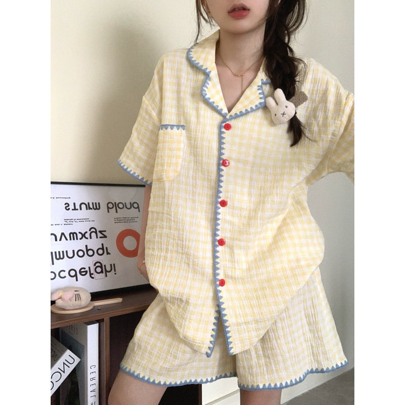 Sleepwear for Graduate Students, Cloud Cotton Women's Summer Plaid Short-Sleeved Suit, High-End Home Wear That Can Be Worn Outside
