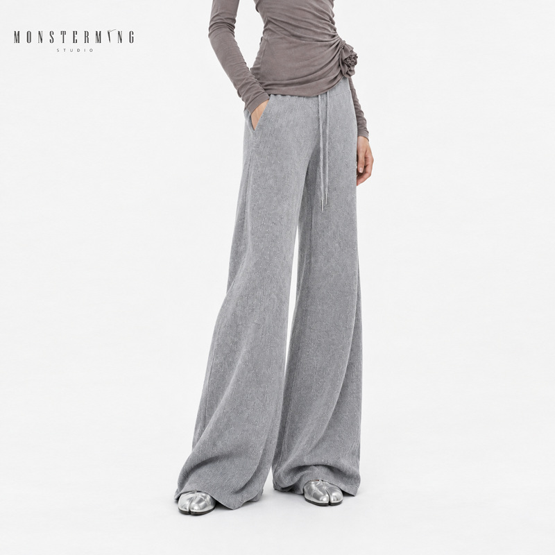 Monsterming Studio Lazy and Relaxed Style Wide-Leg Casual Pants for Women, Waist-Cinching, Slimming, Floor-Length, with Drape Effect Monsterming Studio Lazy and Relaxed Style Wide-Leg Casual Pants for Women, Waist-Cinching, Slimming, Floor-Length, with Drape Effect