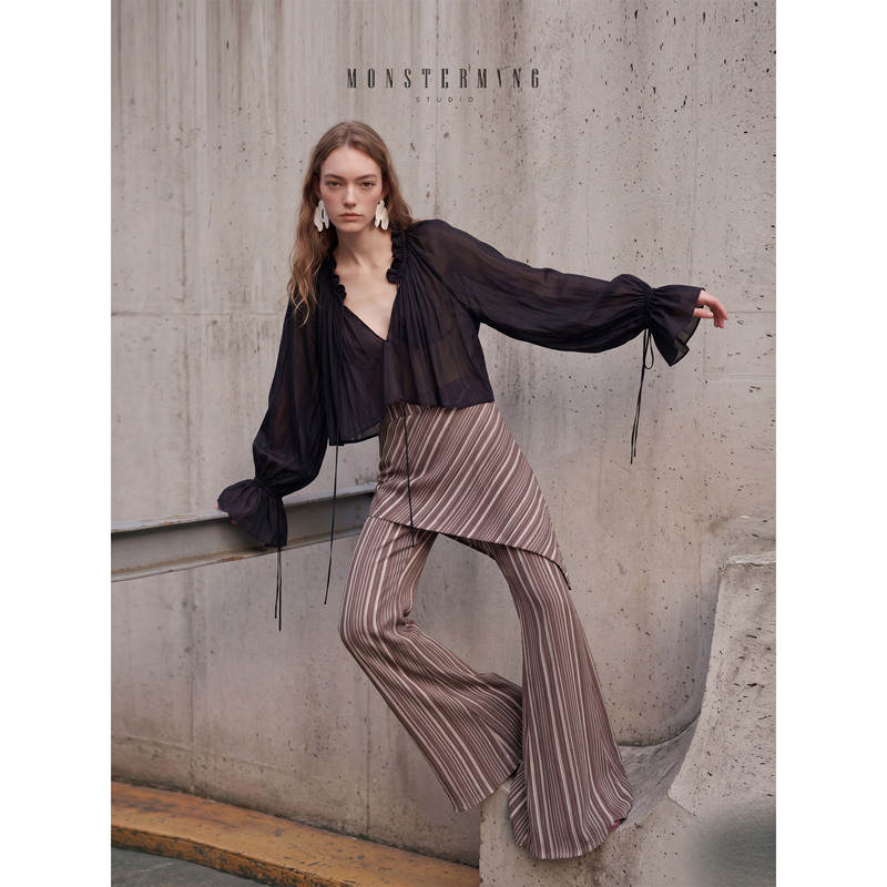 Monsterming Studio Retro Striped Flared Pants, Relaxed and Loose Casual Long Pants, Lazy Style, Slimming Effect