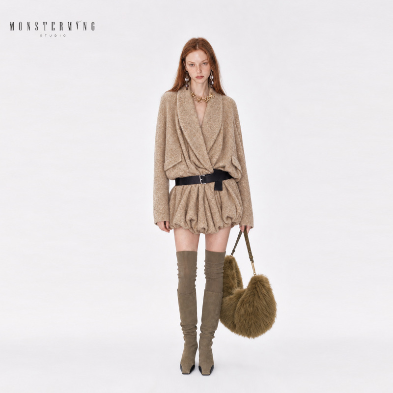 Monsterming Studio French Style Lazy Dress Autumn and Winter V-Neck Waist Slimming Design Skirt Monsterming Studio French Style Lazy Dress Autumn and Winter V-Neck Waist Slimming Design Skirt