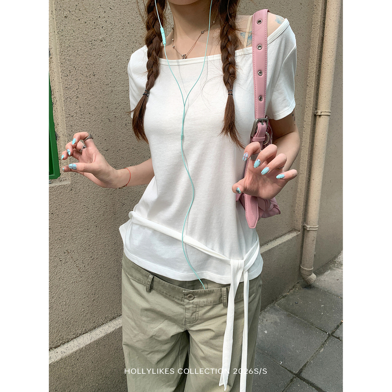 Hollylikes【Off-Shoulder Tie-Up】White Loose T-Shirt for Women, Summer Thin Style with Tie-Up Waist Design Top