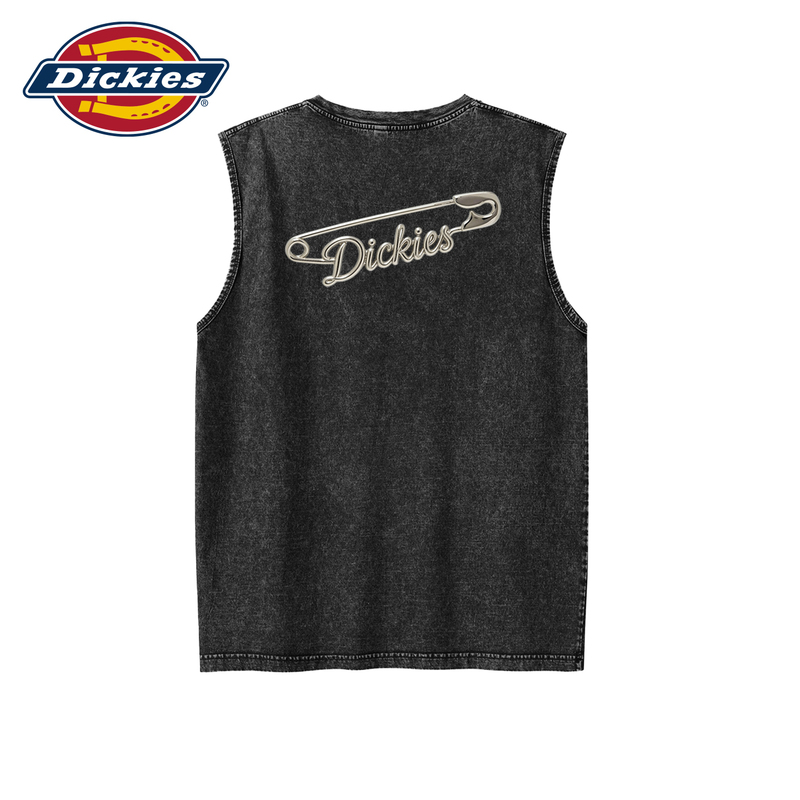 Dickies Washed Vintage Sleeveless Vest with Metal Pin Print, Unisex Summer Trendy Brand Pure Cotton Vest