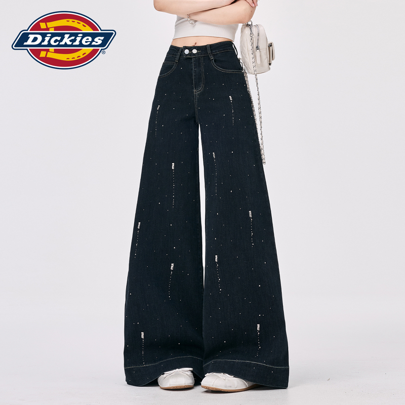 Dickies Star-Studded Rhinestone Wide-Leg Jeans for Women, High-Waisted, Loose, Casual, Black and Gray Floor-Length Pants