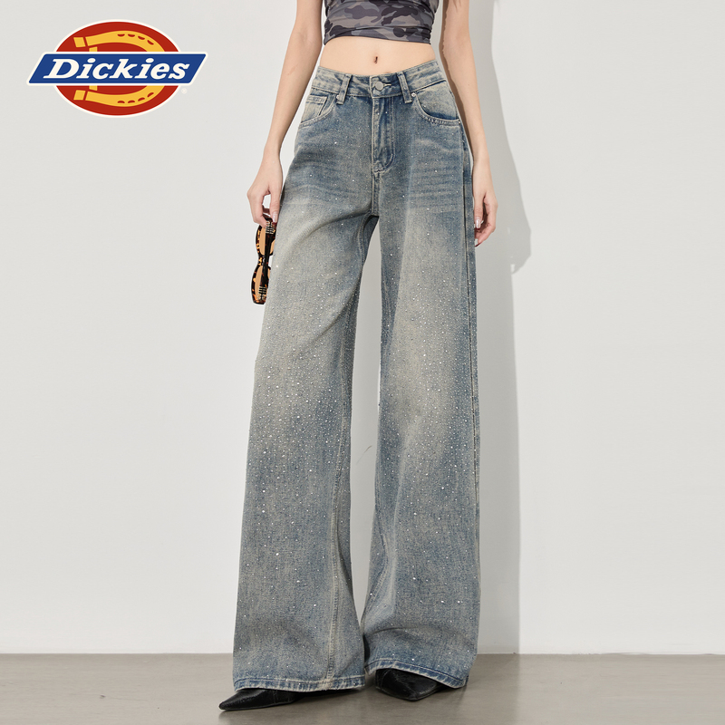 Dickies High Street Star-Studded Rhinestone Wide-Leg Jeans for Women, Stylish Loose-Fitting Versatile Straight-Leg Pants
