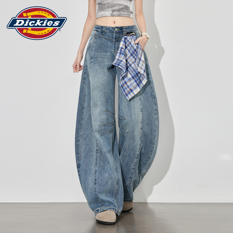 Dickies Retro Plaid Patchwork High-Waisted Casual Loose Wide-Leg Floor-Length Jeans for Women