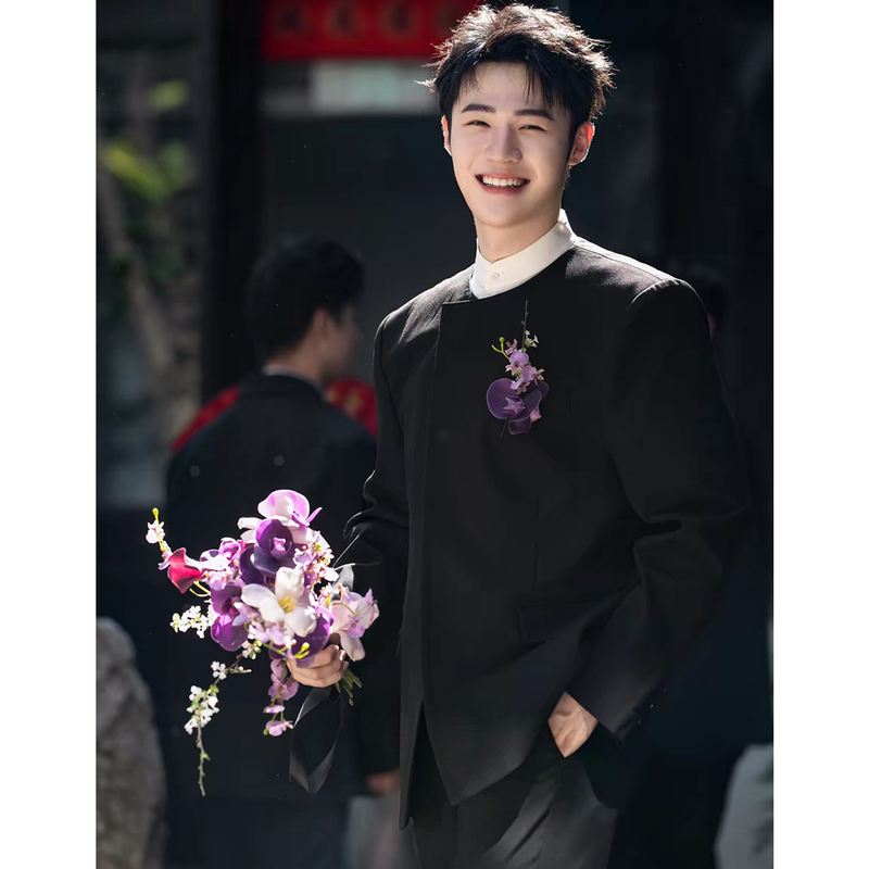 New Chinese-Style High-End Round-Neck Black Men's Suit Set, Groom's Wedding and Engagement Attire, Collarless Blazer New Chinese-Style High-End Round-Neck Black Men's Suit Set, Groom's Wedding and Engagement Attire, Collarless Blazer
