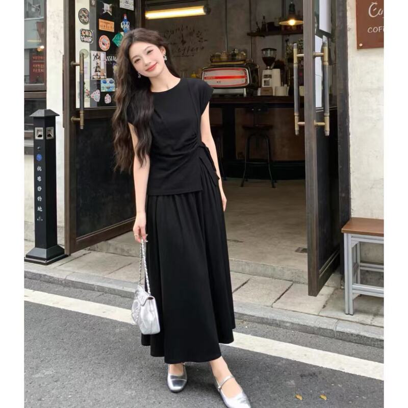 A30/Round Neck Vest with Slit Skirt Set-Is-6.24