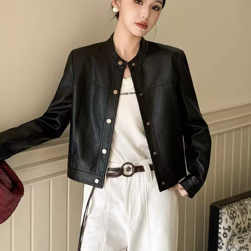 8889/Vintage Stand-Collar Short Leather Jacket for Women-093-8.21