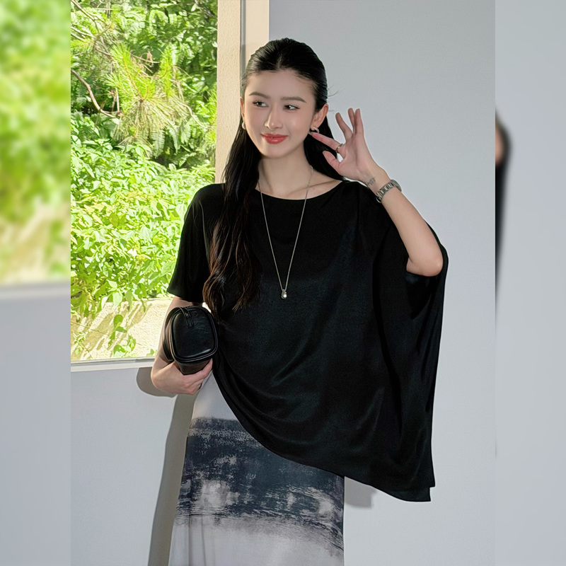 Lao Bai Bu Bai [Bingyu] Asymmetrical Slanted Batwing Sleeve T-Shirt New Women's Acetate Cool Slimming Cover-Up