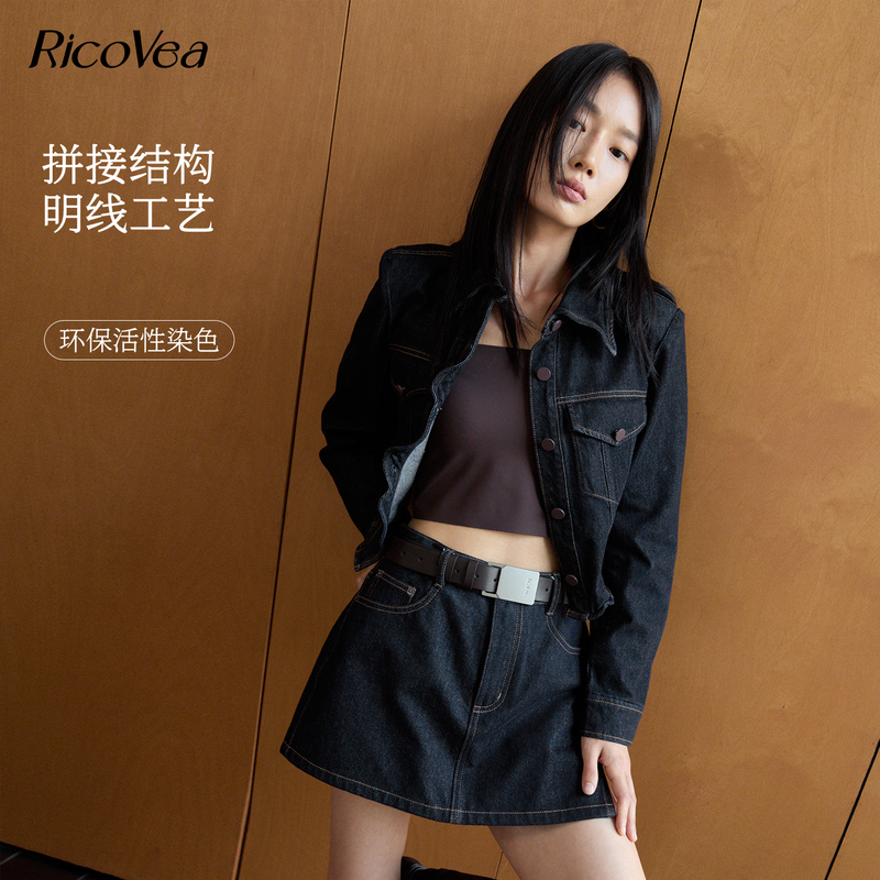 Ricovea【Turn-Down Collar Short Denim Jacket】Pure Cotton Wave Placket Jacket 2026 Autumn Women Bc103204