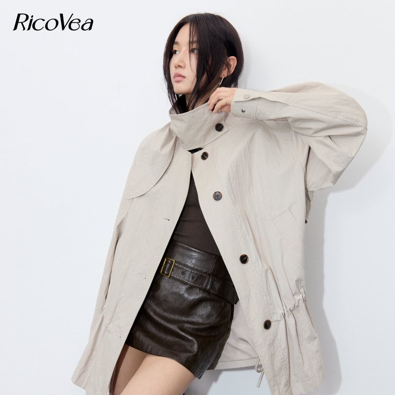 Ricovea【Stand Collar Trench Coat】Cotton Button Tab Snap Button Oversized Coat 2026 Autumn Women's Bc103168 Ricovea【Stand Collar Trench Coat】Cotton Button Tab Snap Button Oversized Coat 2026 Autumn Women's Bc103168